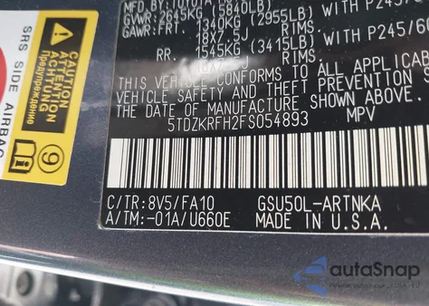 2015 Toyota Highlander Le Plus V6 из США, поврежденный, VIN 5TDZKRFH2FS054893